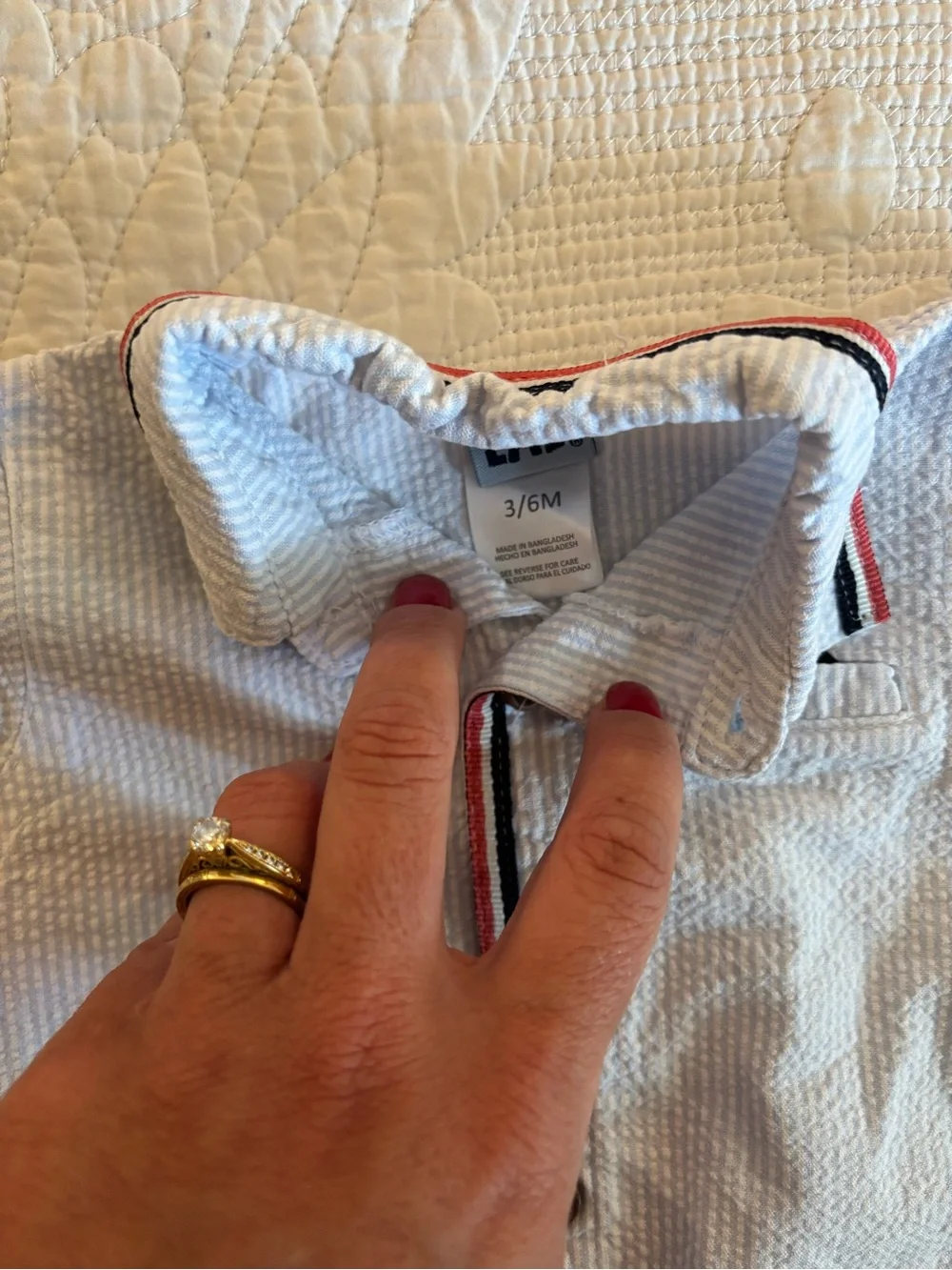 Seersucker Light Blue Pinstriped Baby Romper with Red & Navy Trim
